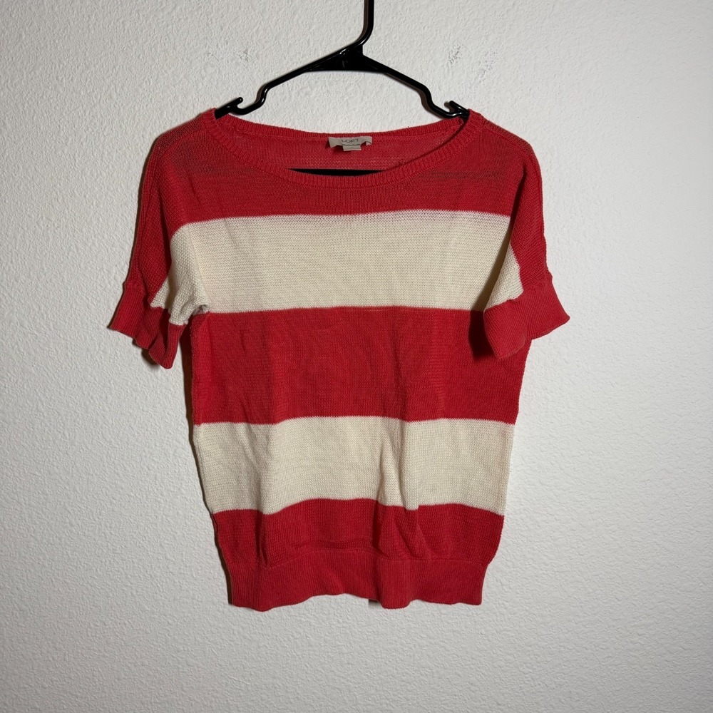 Loft Sweater Womens Medium Red White Striped Crochet Tight Knit Round Neck‎ Warm